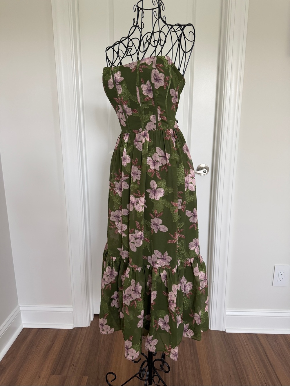 Azazie Olive Green Strapless Maxi Dress with Pink Floral Print - Picture 2 of 6